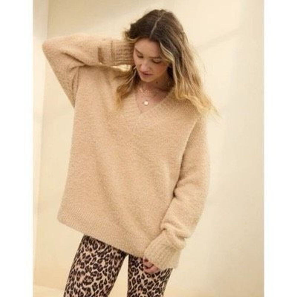Aerie Teddy Boucle Tan V Neck Oversized Sweater Size Small NWOT